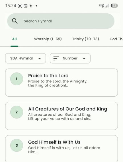 Kalenjin Hymnal app showing the hymn list